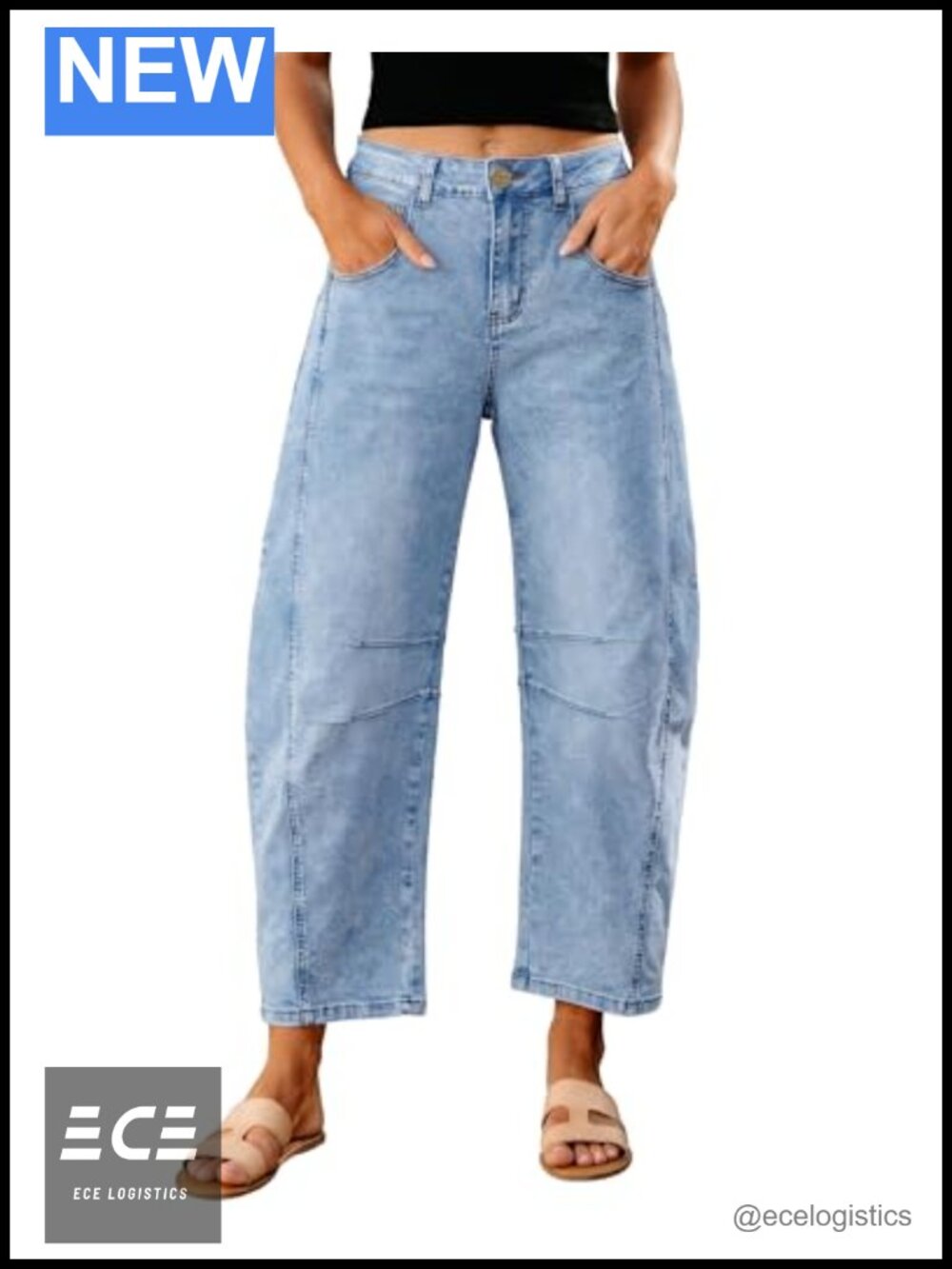 High Waist Barrel Jeans Cropped Stretch Denim Wide Leg Women's